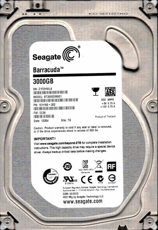 ST3000DM001 P/N: 1CH166-302 F/W: CC26 TK Z1F 02/2013 Seagate 3TB