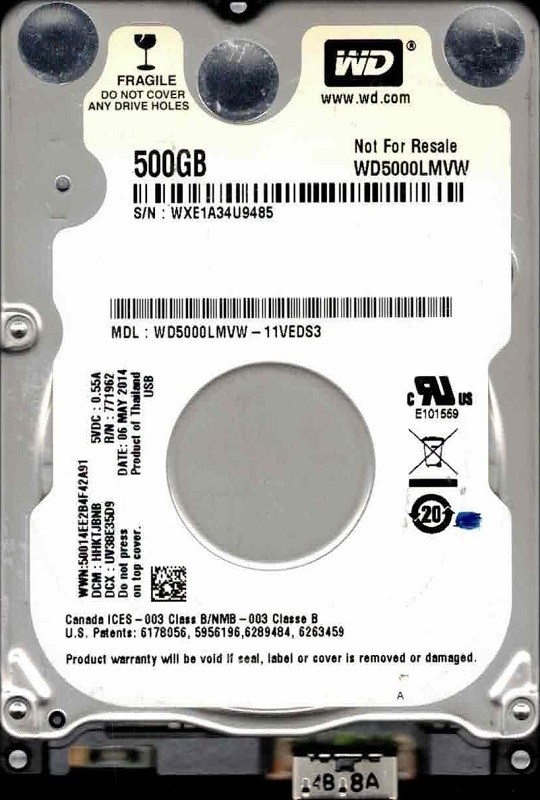WD5000LMVW-11VEDS3 DCM: HHKTJBNB WXE1A MAY 2014 Western Digital 500GB 