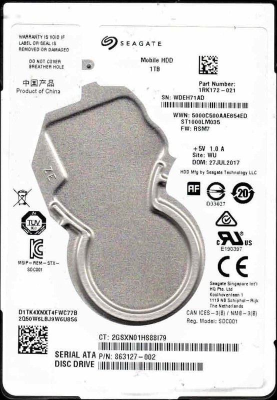 ST1000LM035 P/N: 1RK172-021 F/W: RSM7 WU WDE JUL 2017 Seagate 1TB