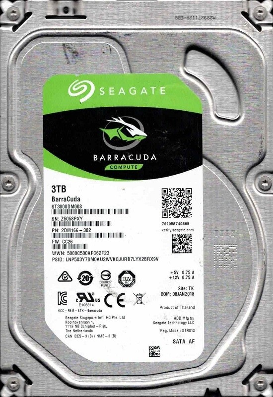 ST3000DM008 P/N: 2DM166-302 F/W: CC26 TK Z505 JAN 2018 Seagate 3TB