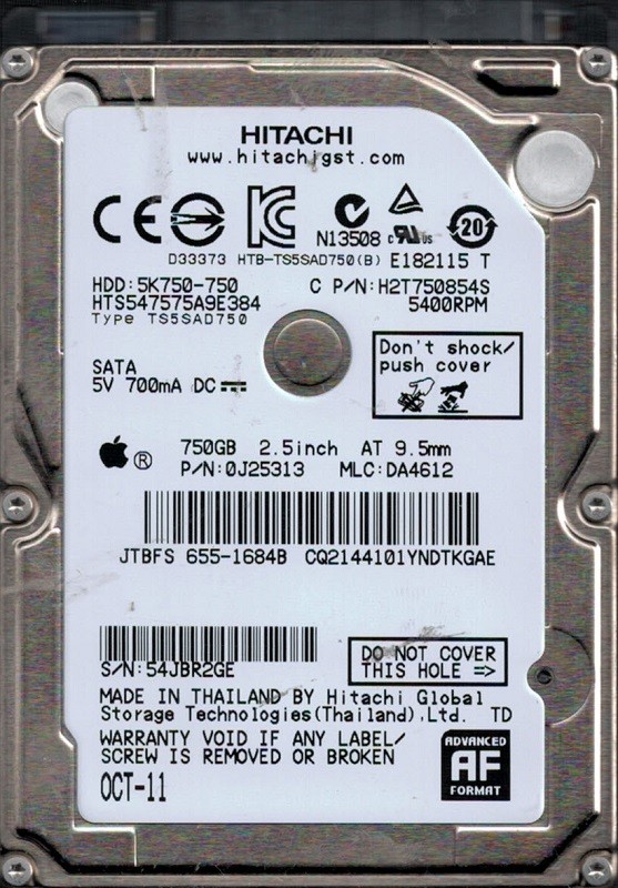 Hitachi HTS547575A9E384 P/N: 0J25313 MLC: DA4612 750GB MAC 655-1684B Thailand