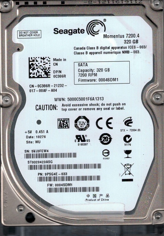 Seagate ST9320423ASG P/N: 9PSG4E-033 F/W: 0004SDM1 320GB WU 5VJ
