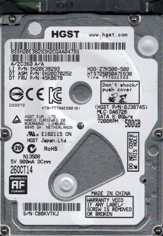 HTS725050A7E630 P/N: 0J38745 MLC: DA6728 China HGST 500GB