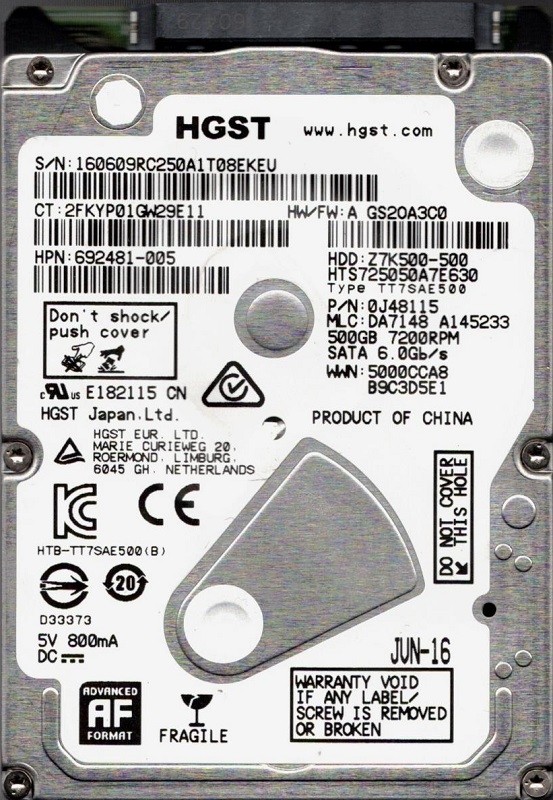 HTS725050A7E630 P/N: 0J48115 MLC: DA7148 HGST 500GB