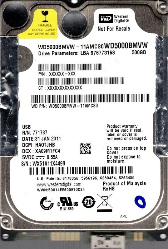 Western Digital WD5000BMVW-11AMCS0 500GB DCM: HAOTJHB USB 3.0