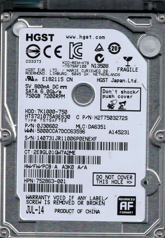 HGST HTS721075A9E630 P/N: 0J30602 MLC: DA6351 750GB