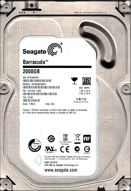 ST2000DM001 P/N: 1CH164-302 F/W: CC26 WU W1E Seagate Barracuda 2TB