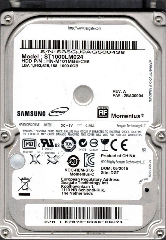 Seagate ST1000LM024 HN-M101MBB/CE5 F/W: 2BA30004 1TB Samsung