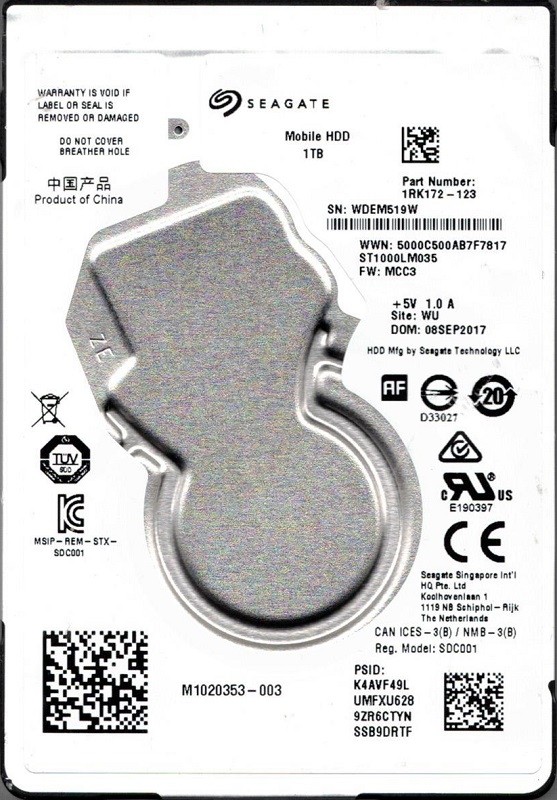 ST1000LM035 P/N: 1RK172-123 F/W: MCC3 WU WDE Seagate 1TB