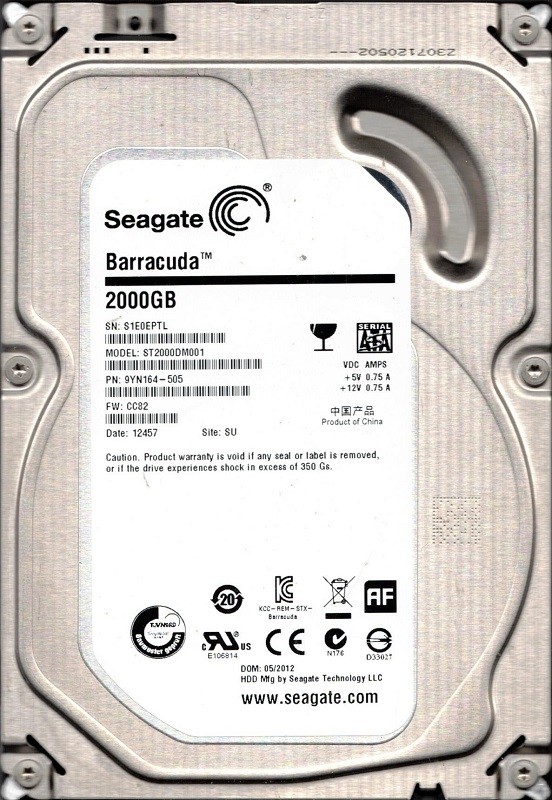 ST2000DM001 P/N: 9YN164-505 F/W: CC82 SU S1E Seagate Desktop HDD 2TB