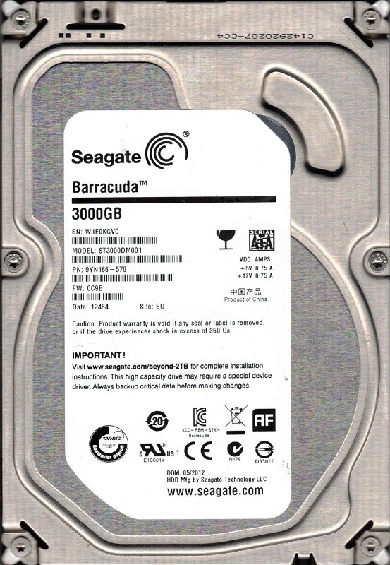 ST3000DM001 P/N: 9YN166-570 F/W: CC9E SU W1F Seagate 3TB