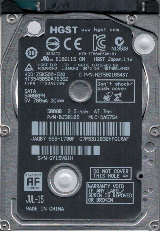 HGST HTS545050A7E362 P/N: 0J38105 MAC 655-1730F MLC: DA5754 500GB Laptop HDD