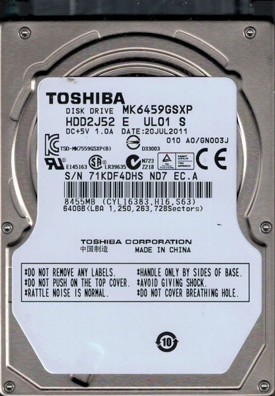 Toshiba MK6459GSXP 640GB HDD2J52 E UL01 S CHINA
