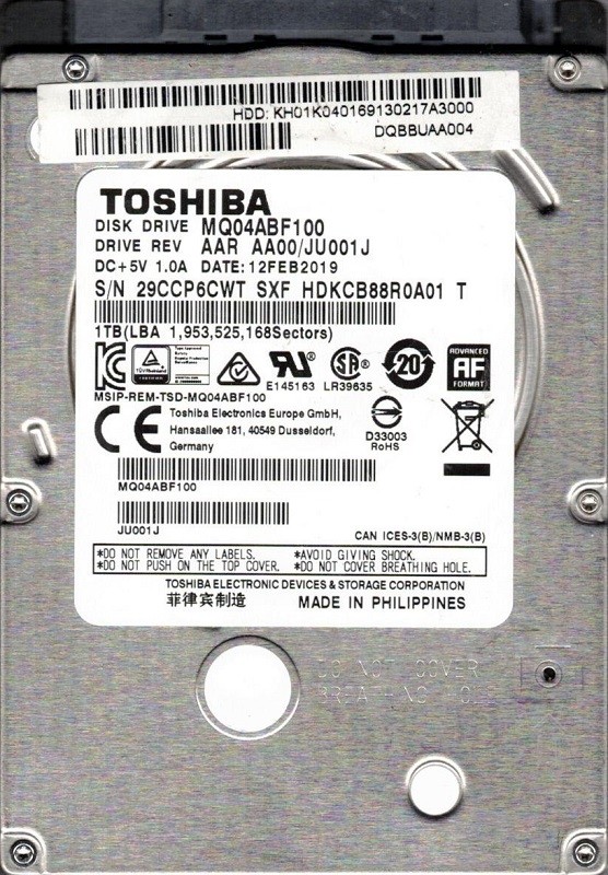 MQ04ABF100 AAR AA00/JU001J Philippines Toshiba 1TB