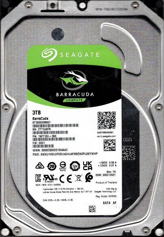 ST3000DM007 F/W: 0001 P/N: 1WY10G-300 TK ZTT3 OCT 2021 3TB Seagate