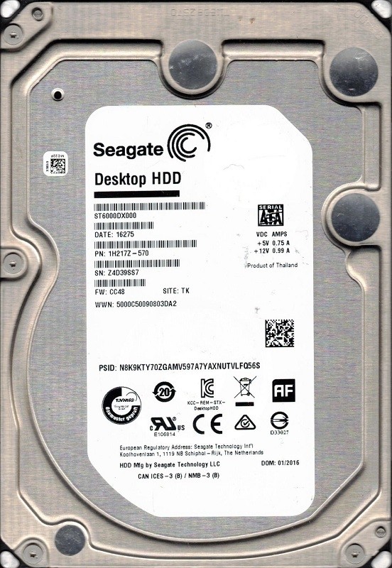ST6000DX000 P/N: 1H217Z-570 F/W: CC48 TK Z4D Seagate 6TB Desktop HDD