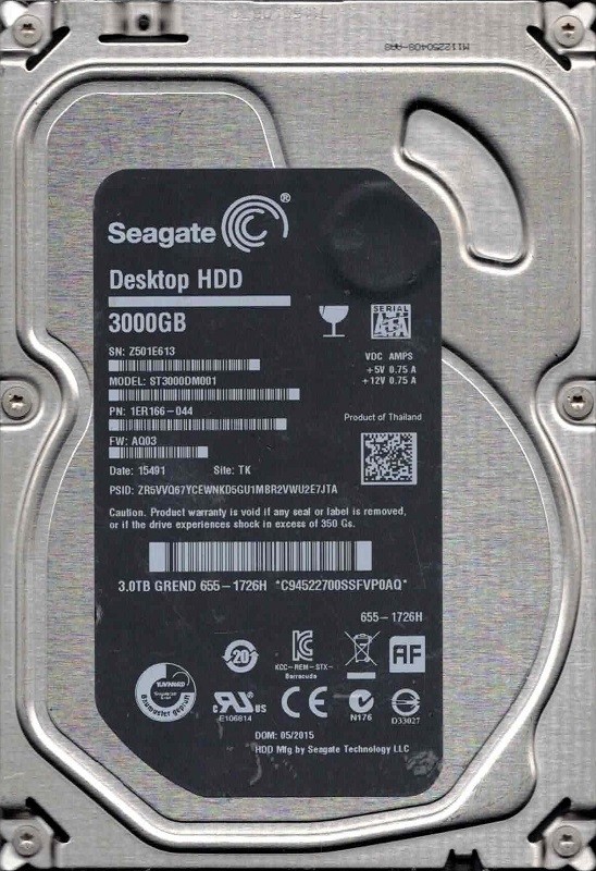 ST3000DM001 P/N: 1ER166-044 F/W: AQ03 TK Z501 MAC 655-1726H 05/2015 Seagate 3TB