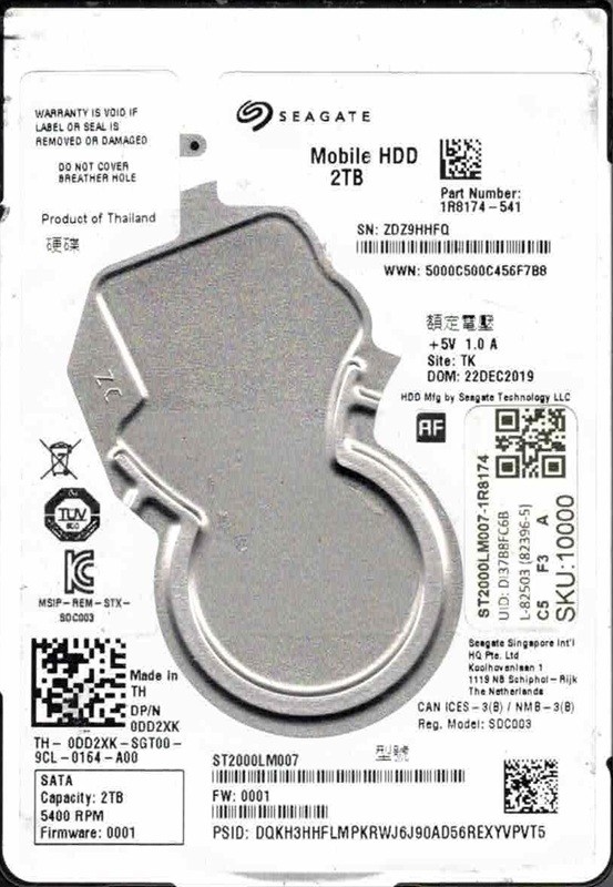 ST2000LM007 P/N: 1R8174-541 F/W: 0001 TK ZDZ9 DEC 2019 2TB Seagate Mobile HDD