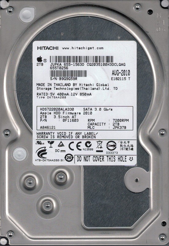Hitachi HDS722020ALA330 P/N: 0F11603 MLC: JPK37B MAC 655-1563D 2TB