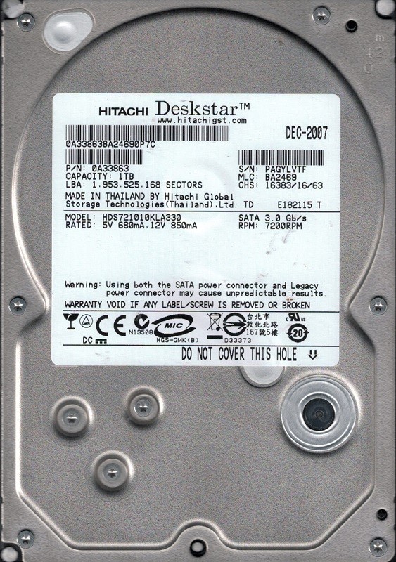 Hitachi HDS721010KLA330 P/N: 0A33863 MLC: BA2469 1TB