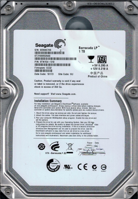 Seagate ST31000520AS P/N: 9TN154-510 F/W: CC32 1TB SU 6VX Barracuda LP