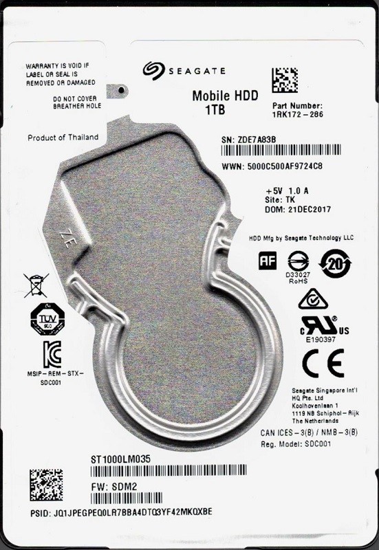 ST1000LM035 P/N: 1RK172-286 F/W: SDM2 TK ZDE Seagate 1TB Mobile HDD