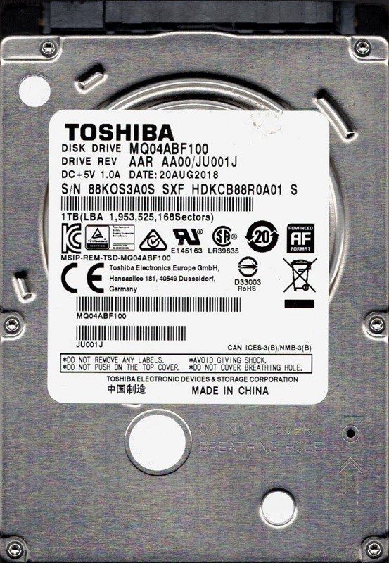 MQ04ABF100 AAR AA00/JU001J Toshiba China 1TB