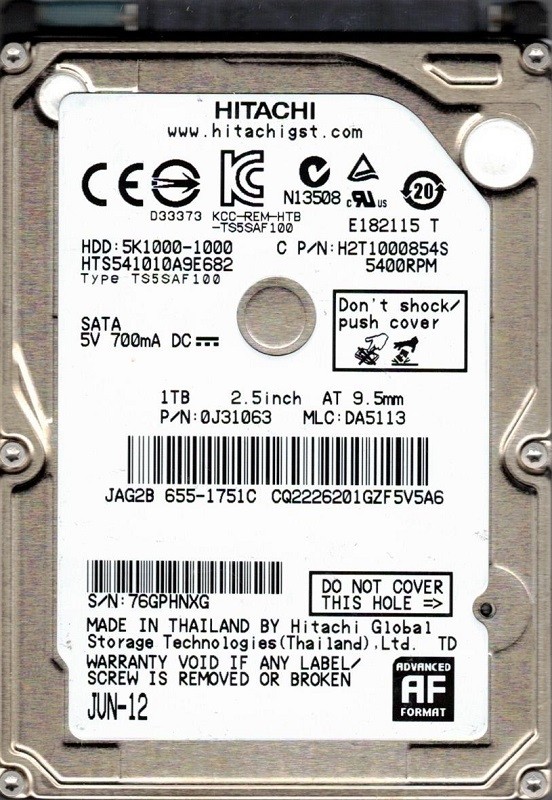 HTS541010A9E682 P/N: 0J31063 MLC: DA5113 MAC 655-1751C Thailand Hitachi 1TB