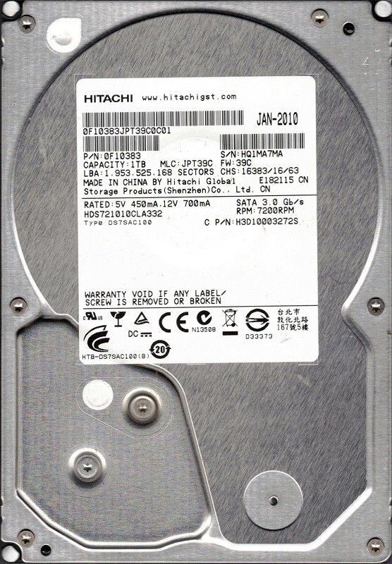 Hitachi HDS721010CLA332 P/N: 0F10383 MLC: JPT3MA 1TB 2.5