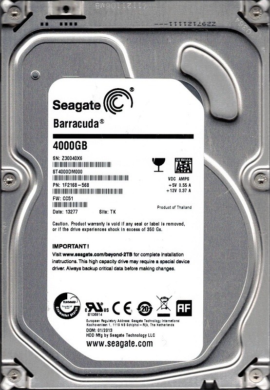 Seagate ST4000DM000 P/N: 1F2168-568 F/W: CC51 TK Z30 4TB