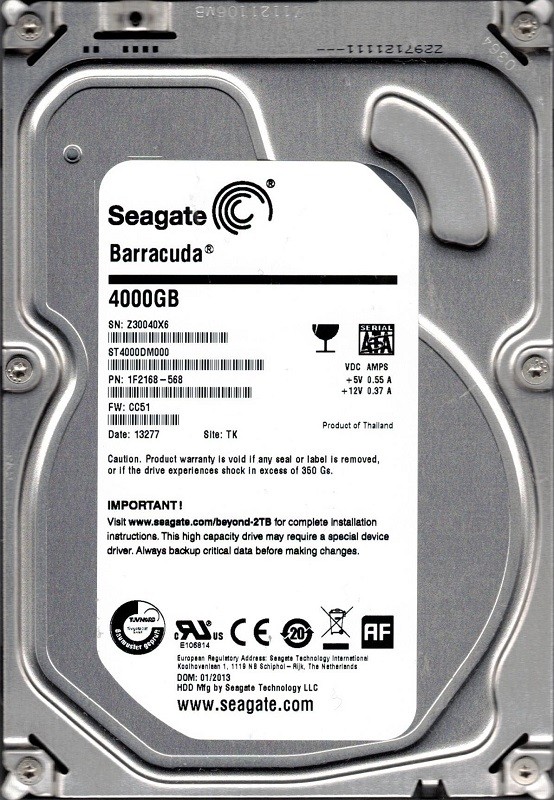 Seagate ST4000DM000 P/N: 1F2168-568 F/W: CC51 TK Z300 4TB