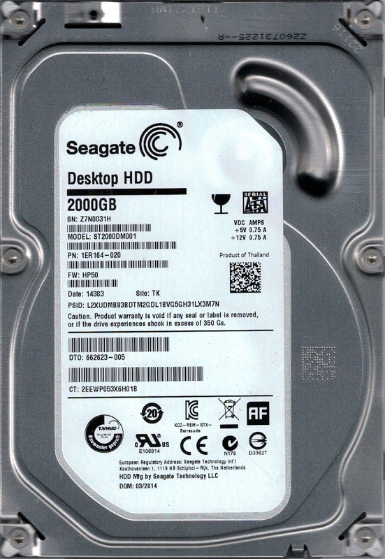 ST2000DM001 P/N: 1ER164-020 F/W: HP50 TK Seagate 2TB