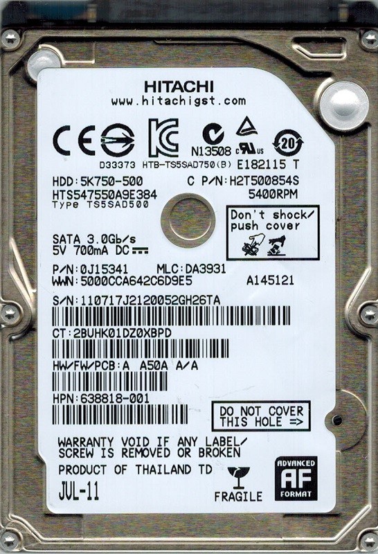 Hitachi HTS547550A9E384 P/N: 0J15341 MLC: DA3931 500GB