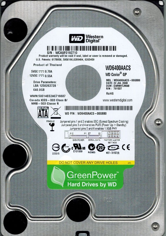 Western Digital WD6400AACS-00G8B0 640GB DCM: DARNHTJMAB