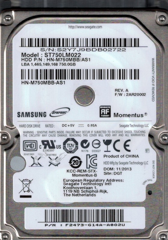 Samsung ST750LM022 HN-M750MBB/AS1 F/W: 2AR20002 Seagate