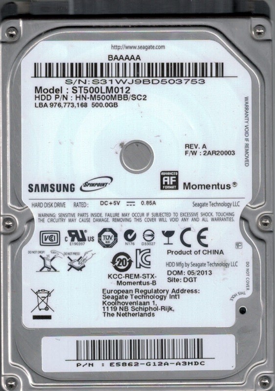Samsung ST500LM012 HN-M500MBB/SC2 F/W: 2AR20003 500GB Seagate