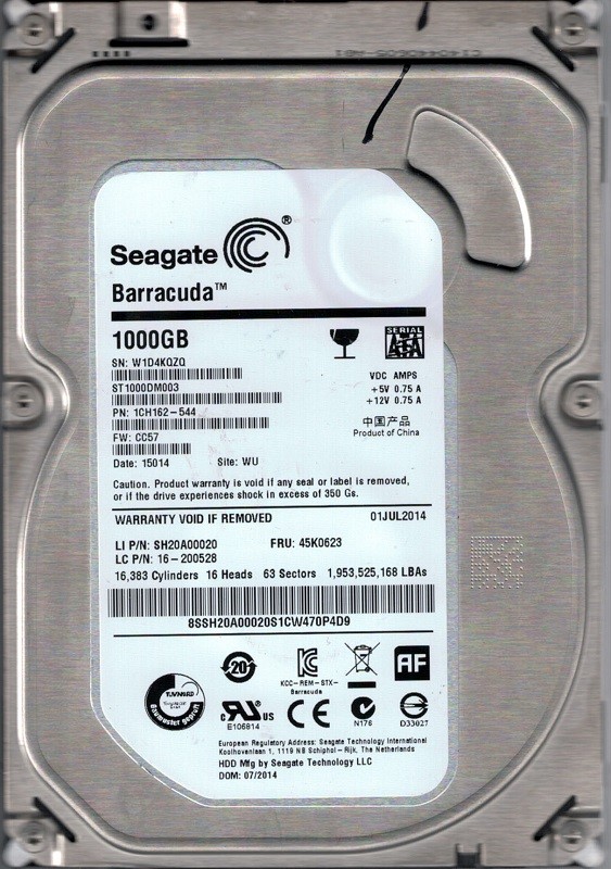 ST1000DM003 P/N: 1CH162-544 F/W: CC57 WU Seagate 1TB