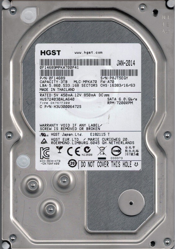 HGST HUS724030ALA640 P/N: 0F14689 MLC: MPKA70 3TB 