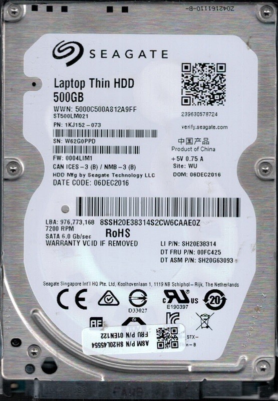 ST500LM021 P/N: 1KJ152-073 F/W: 0004LIM1 WU W62 Seagate 500GB Laptop Thin HDD