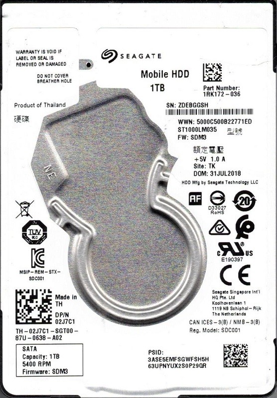 ST1000LM035 P/N: 1RK172-036 F/W: SDM3 TK ZDE Seagate 1TB