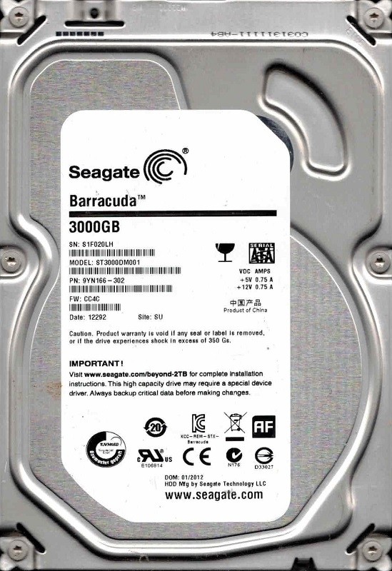 ST3000DM001 F/W: CC4C P/N: 9YN166-302 SU S1F 01/2012 3TB