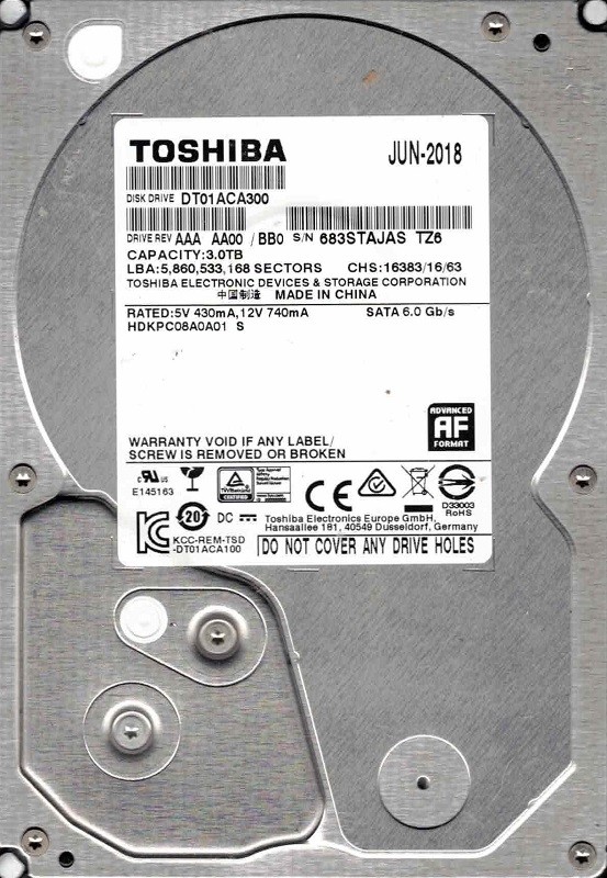 DT01ACA300 AAA AA00/BB0 P/N: HDKPC08A0A01 JUN 2018 Toshiba 3TB