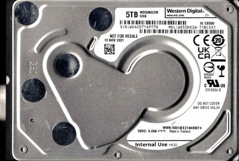 WD50NDZW-11BCSS1 WX42D NOV 2021 Thailand Western Digital 5TB USB Hard Drive