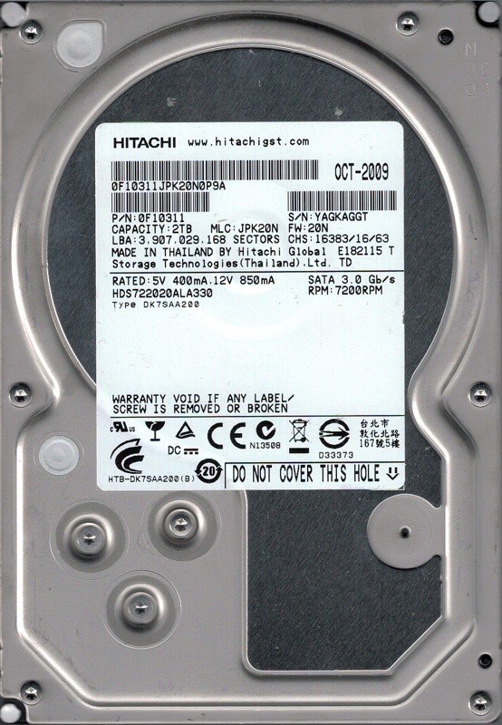 Hitachi HDS722020ALA330 P/N: 0F10311 MLC: JPK20N Thailand 2TB