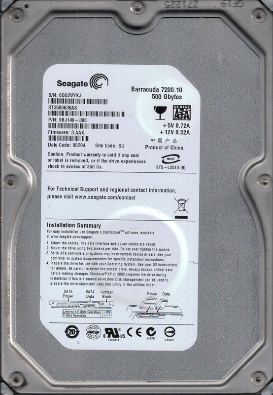 ST3500630AS F/W: 3.AAK P/N: 9BJ146-308 SU 6QG Seagate 500GB