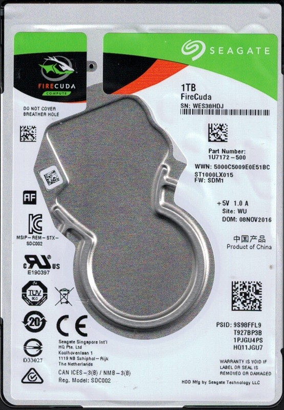 ST1000LX015 P/N: 1U7172-500 F/W: SDM1 WU WES Seagate FireCuda 1TB