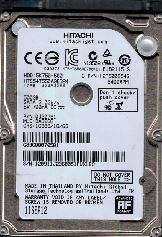 Hitachi HTS547550A9E384 P/N: 0J20791 MLC: DA3936 500GB