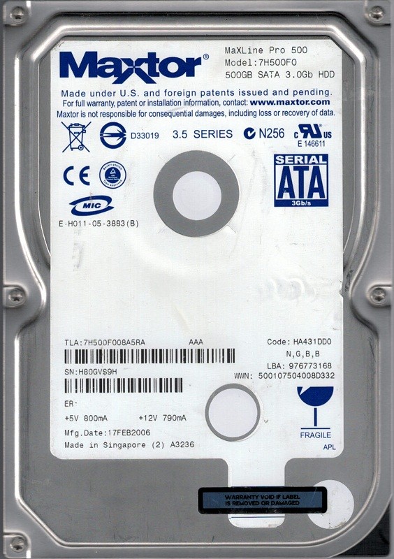 7H500F0 CODE: HA431DD0 N, G, B, B Maxtor 500GB
