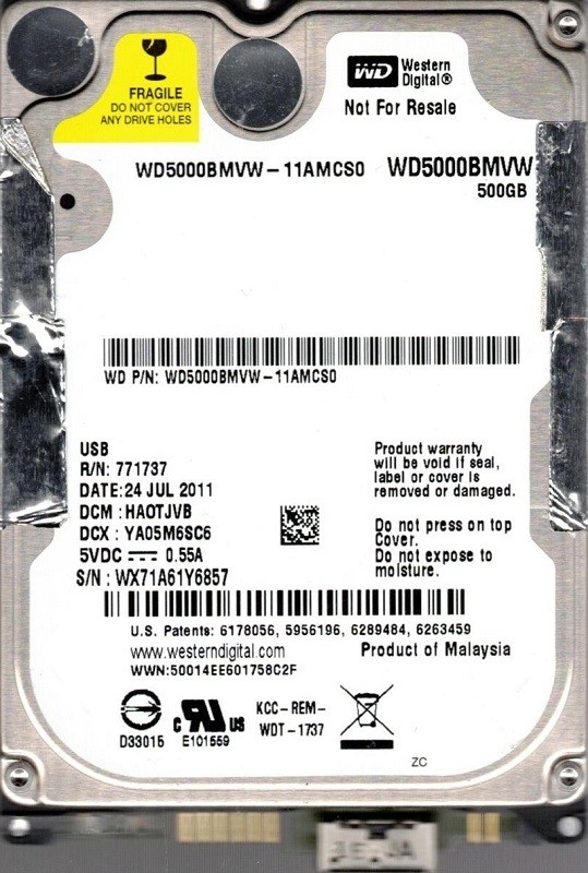 WD5000BMVW-11AMCS0 DCM: HAOTJVB WX71A Western Digital 500GB