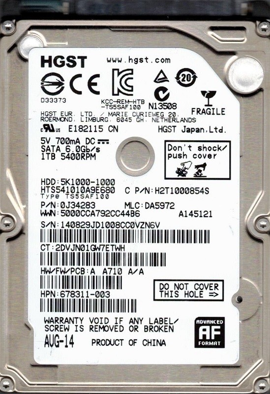 HTS541010A9E680 P/N: 0J34283 MLC: DA5972 HGST 1TB China